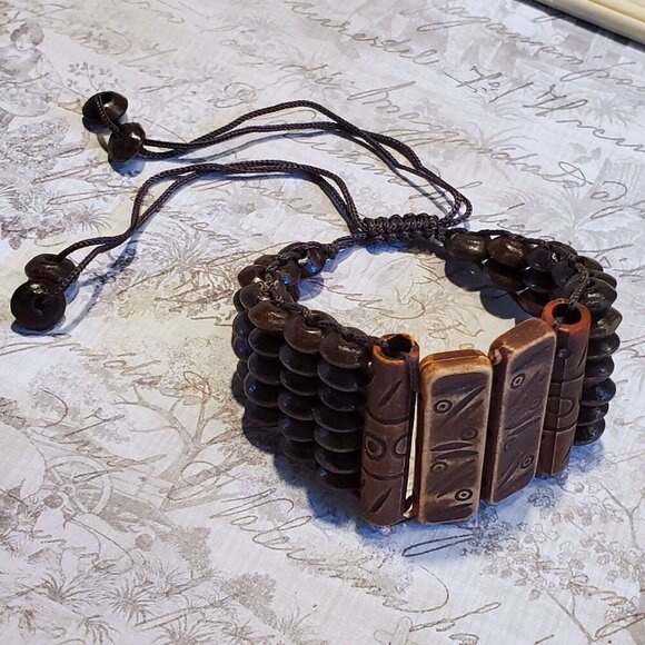 Vintage 90s Y2K Brown Tribal Patterns Wood Acrylic OSFA Adjustable Bracelet - Picture 1 of 10